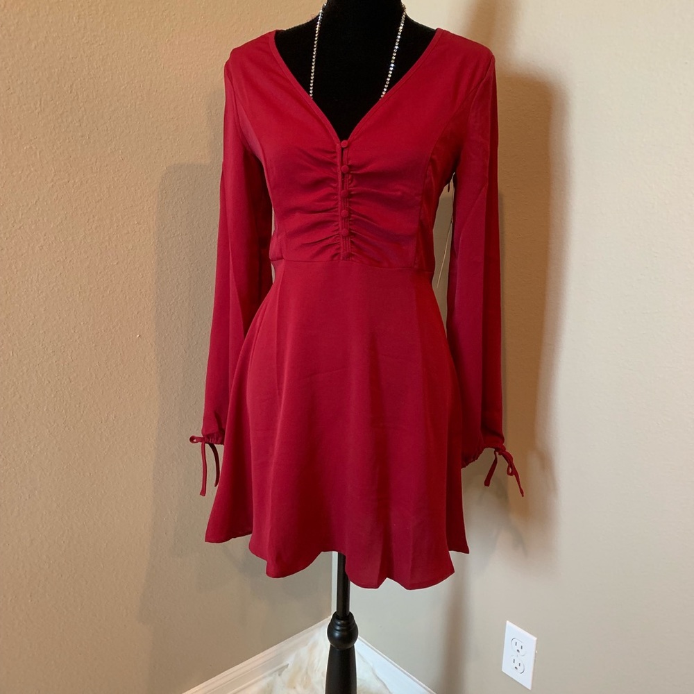 WINE RED LONG SLEEVE SKATER DRESS